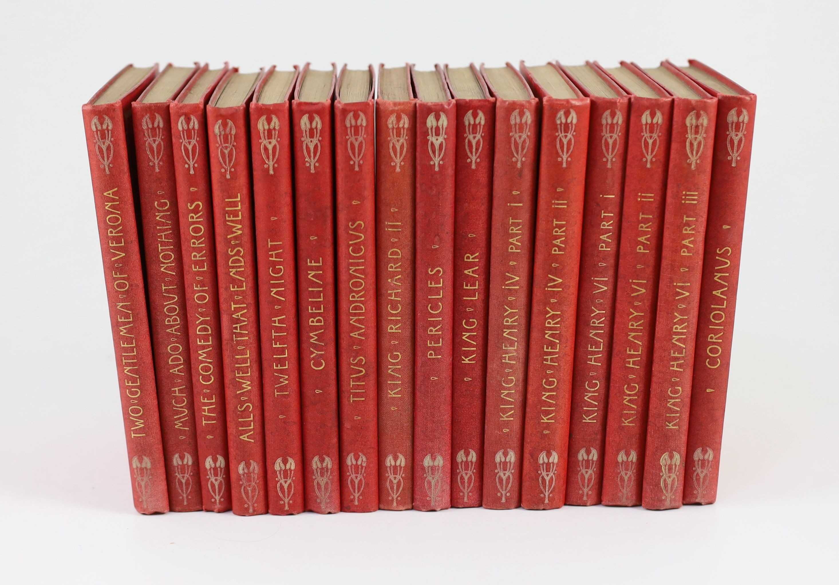Shakespeare, William. Chambers, E. K. [ed.] - The Red Letter Shakespeare. 16 vols. (of 39). Original decorative red cloth with gilt letters direct on upper and spine. Most with gilt top edge. With decorative endpapers an